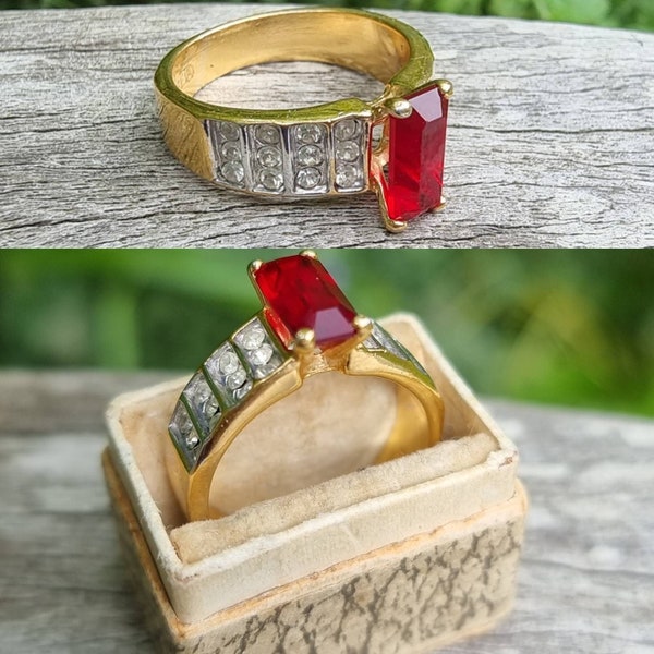 Vintage 18 K HGE faux Ruby Diamond Ring, 18K Gold Plated Ring Red Baguette Cut Imitation Ruby  Diamond Ring