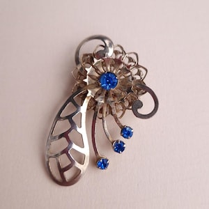 Vintage Diamante Floral Spray Brooch: Sky Blue Rhinestone Flower