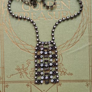 Vintage Gunmetal Rhinestone Necklace | Art Deco Revival Rectangular Pendant
