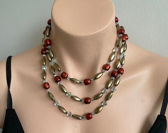 Vintage Multi-strand Triple Strand  50s Austrian Crystal Necklace, Red frosted  AB Crystal Gold Bead Necklace,Vintage 1950s Necklace