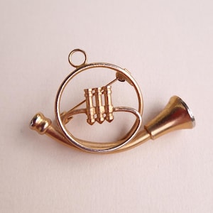 Vintage Gold Tone French Horn Brooch Pendant