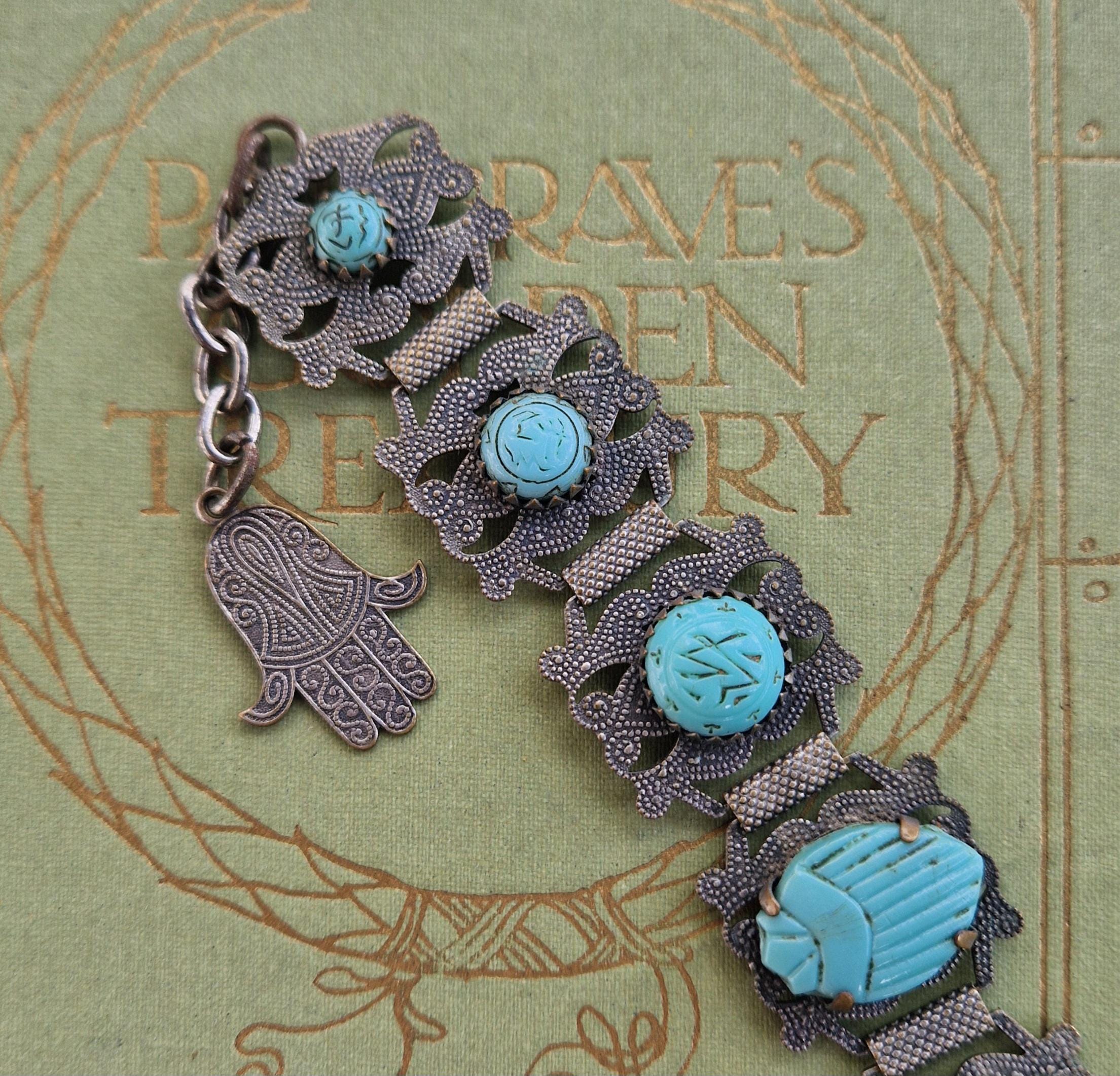 Vintage Egyptian Revival Scareb Beetle Hamza Hand Hand Of God Amulet Bracelet 1930s