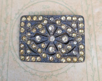 Superbe Broche Art Déco Géométrique Rectangle Serti CZ Blanc Vert