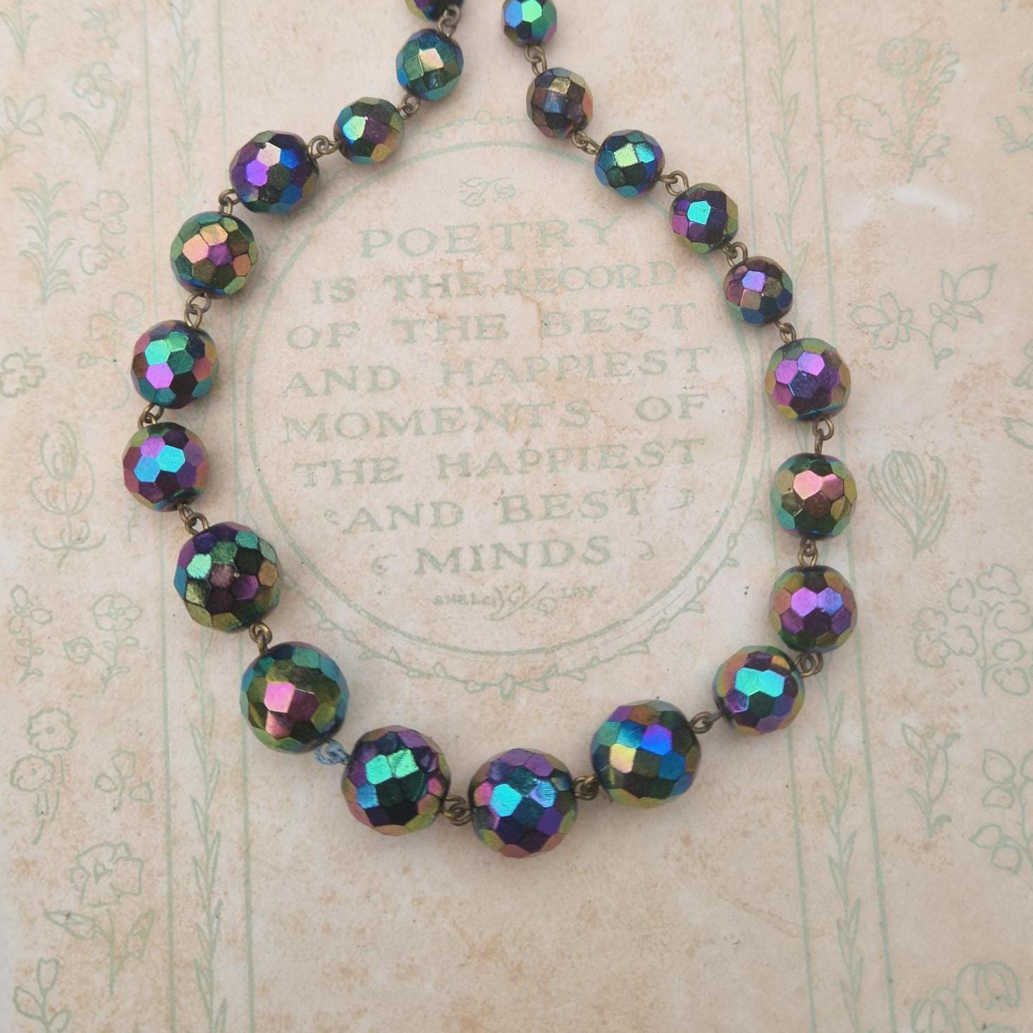 Vintage Carnival Glass Necklace - Peacock Iridescent Faceted Beads 