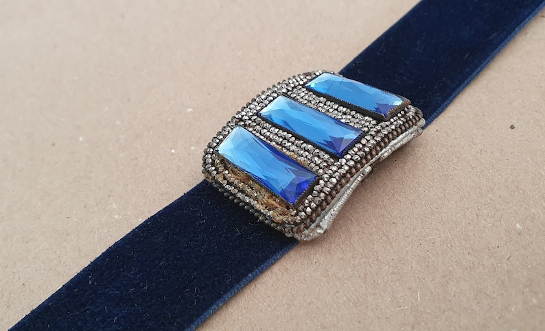 Steam Punk Choker Cut Steel Choker Antique Velvet Glass Choker Christmas Choker Antique Choker necklace Unique Blue Glass Choker