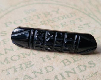 Antique Whitby Jet Carved Bar Brooch -  Victorian Mourning Jewellery - 3.5 x 0.7 cm