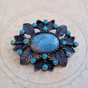 Vintage Faux Turquoise Brooch | Mid Century Leaf Design | Blue Cabochon Pin | Retro Costume Jewellery