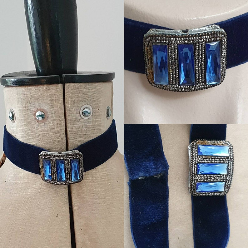 Steam Punk Choker Cut Steel Choker Antique Velvet Glass Choker Christmas Choker Antique Choker necklace Unique Blue Glass Choker