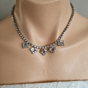 Vintage 1950s Rhinestone Choker Necklace – Silver-Tone Geometric Baguette, Mid-Century Austrian Sparkle