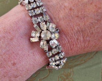 Elegant Rhodium-Plated Diamanté Flower Bracelet – Round & Baguette Cut, Slide Clasp
