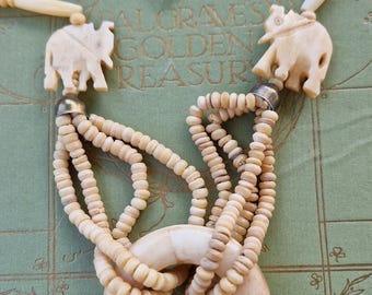 Vintage Carved Bone Elephant Necklace Creamy Bovine Boho