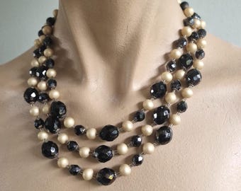 Vintage Giuliano Fratti Necklace - Black & Gold Glass Beads, Rhinestone Clasp
