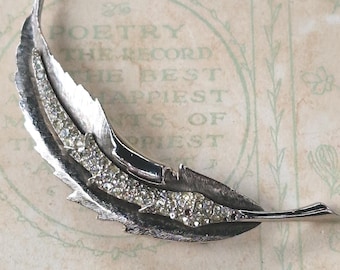 Vintage Rhinestone Feather Brooch - Silver-Tone 1950s Costume Jewellery