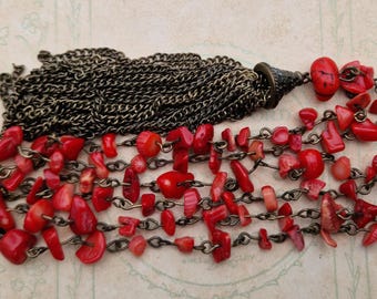 Vintage 1960s Bohemian Tassel Necklace in Red Coral Glass - Art Deco Revival Sautoir Jewellery