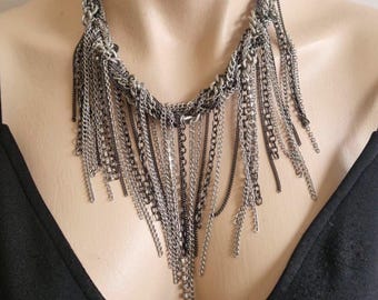 Y2K Silver-Tone Multi-Chain Fringe Necklace – Layered Statement Collar, Industrial Boho Jewellery