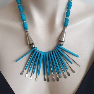 Vintage 1970s Turquoise Blue Painted Wood Statement Necklace | Bold Boho Tribal Revival Fringe Jewellery