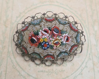 Broche Vintage Italienne En Micro-mosaïque, Motif Fleurs Bleu Clair Et Violet, Alliage - Occasion