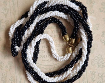 Vintage Black White Seed Bead Torsade Necklace – Twisted Glass Multi Strand Statement Jewellery