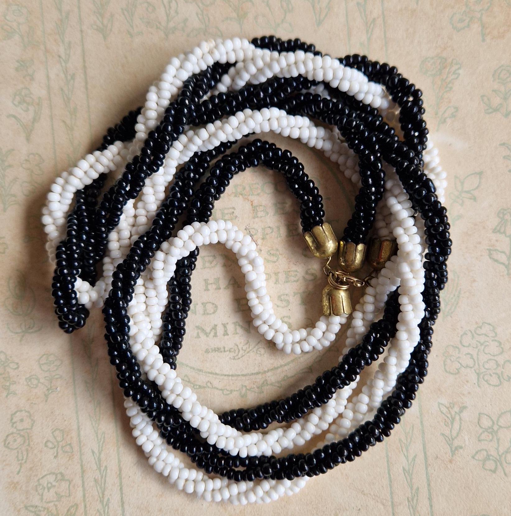 Vintage Black White Seed Bead Torsade Necklace – Twisted Glass