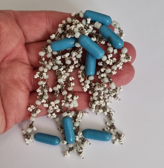 Vintage Turquoise & White Glass Bead Necklace, De… - image 3