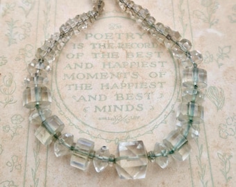 Art Deco Czech Glass Bead Necklace – 1930s Clear Faceted Crystal, Hand-Knotted Geometric Design