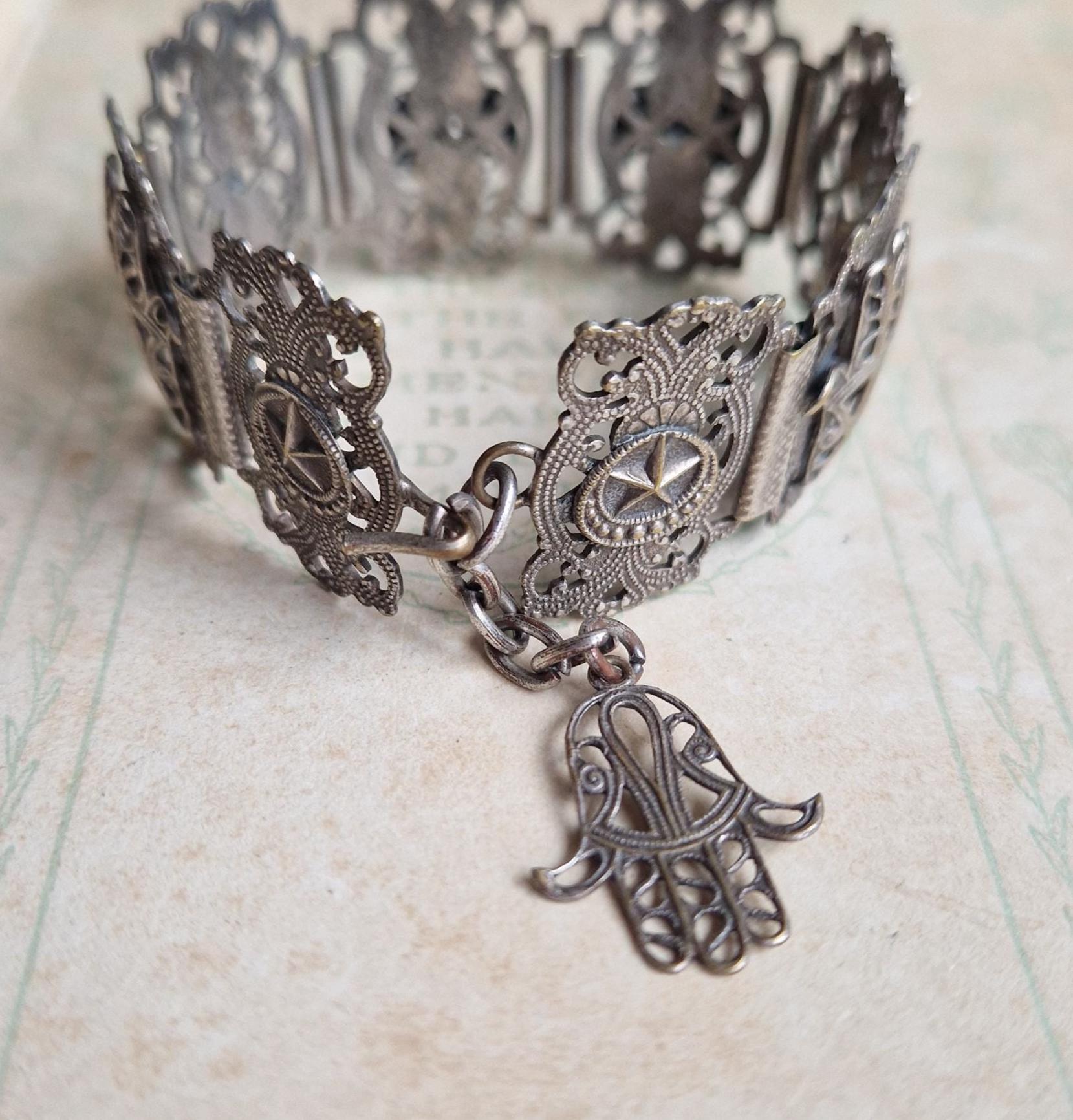 Vintage Panelled Bracelet - Silver Tone Filigree, Hamsa & Elephant