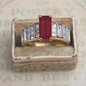 Vintage Deco Faux Ruby Ring - 18K HGE Gold Plated, US 7 3/4