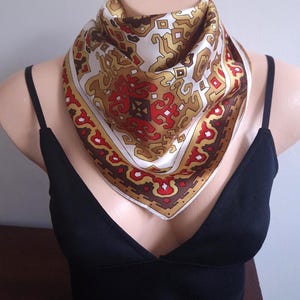 Vintage Geometric Acetate Scarf: 1960s-70s Gold Brown Red (69 cm)