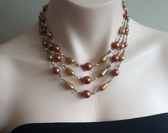 Vintage Multi-strand Necklace Gold Copper Faux Pearl Glass Beads 1950s