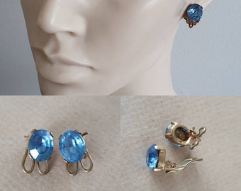 Vintage Blue Diamante Paste Clip On Earrings, Blue Clip On Earrings, 40s Clip On Earrings