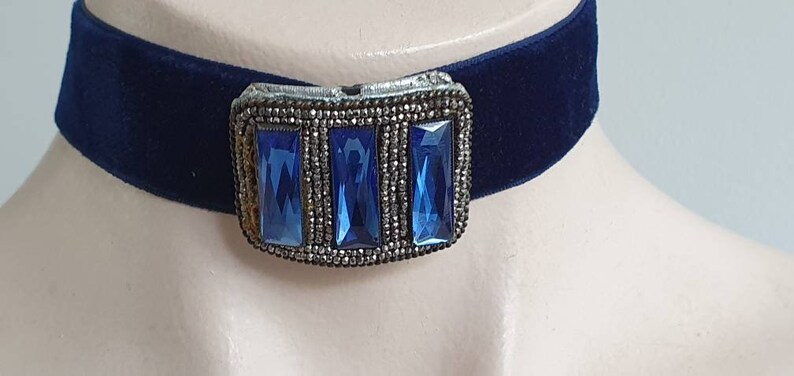 Steam Punk Choker Cut Steel Choker Antique Velvet Glass Choker Christmas Choker Antique Choker necklace Unique Blue Glass Choker