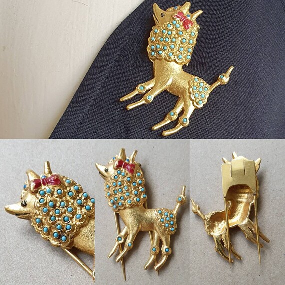 Vintage 50s Poodle Brooch, Ornate Glam Poodle Broo