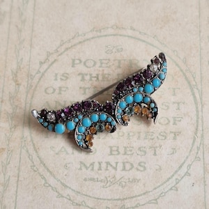 1950s Victorian Revival Winged Crescent Brooch - Mid-Century Turquoise and Paste Celestial Jewellery