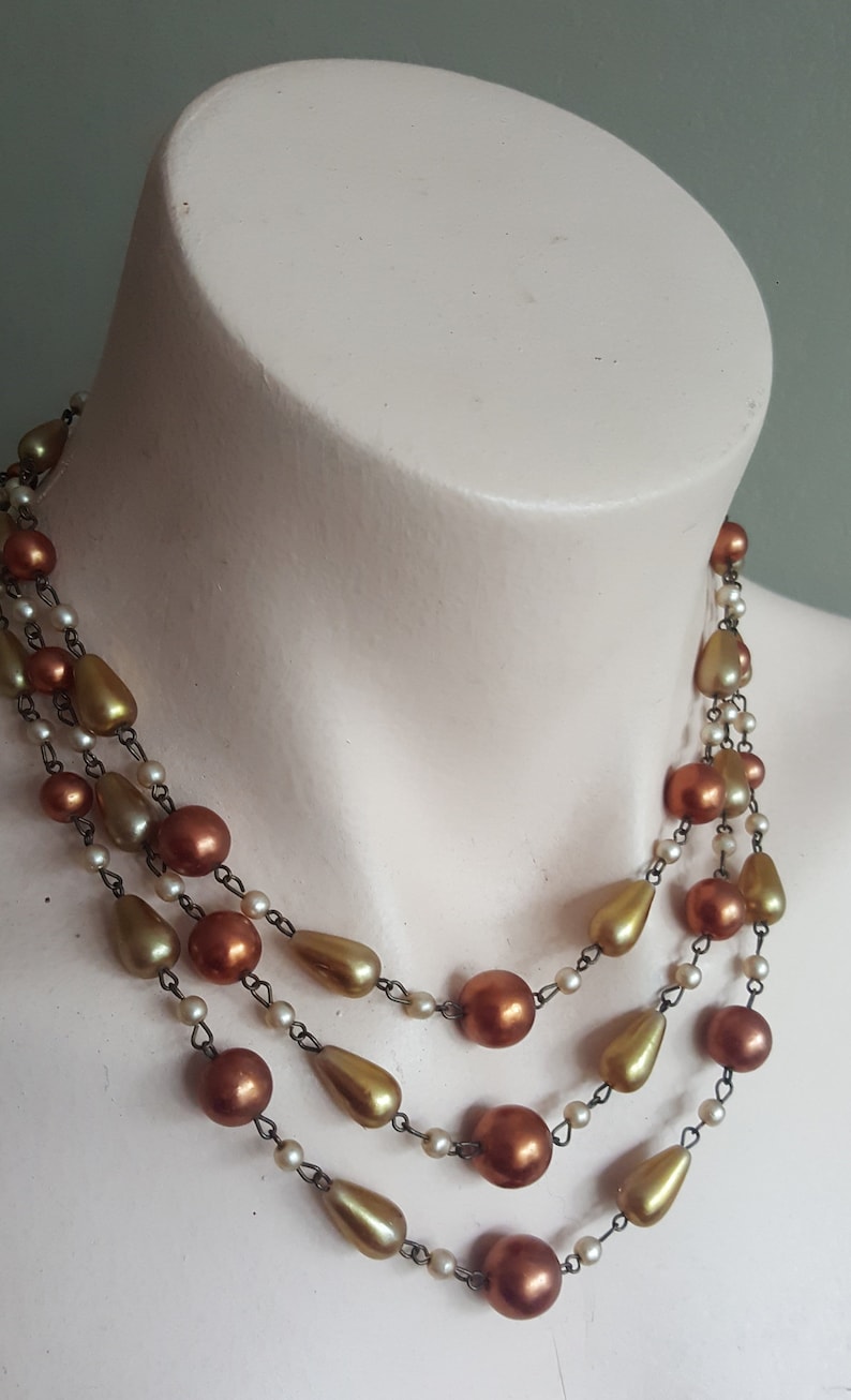 Vintage Multi-strand Necklace Gold Copper Faux Pearl Glass Beads 1950s