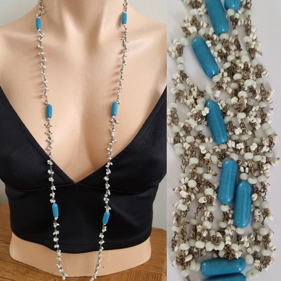 Vintage Turquoise & White Glass Bead Necklace, De… - image 1