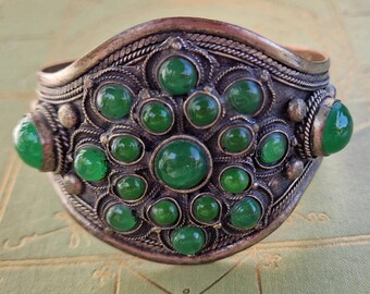 Vintage Tribal Cuff Bracelet | Afghan Boho Jewellery | Green Glass Cabochons | Ethnic Festival Bangle | Bohemian Statement Piece