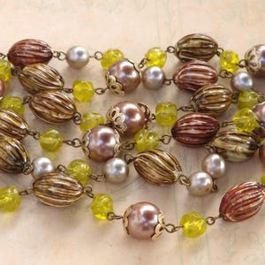 Vintage Boho Beaded Necklace 1950s - 70s | Mixed Faux Pearl | Yellow & Ribbed Brown Beads | 82cm / 32&quot;