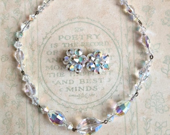 Vintage Aurora Borealis Kristall Halskette und Ohrringe