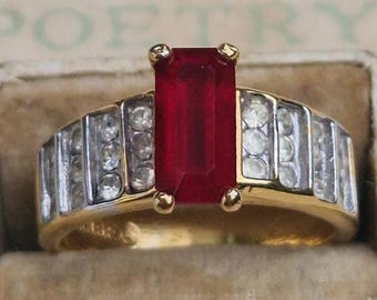 ヴィンテージ デコ フェイク ルビー リング - 18K HGE ゴールド メッキ