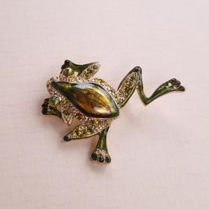 Gold Tone Green Frog Brooch with Enamel and Crystals |  3 x 4.5cm
