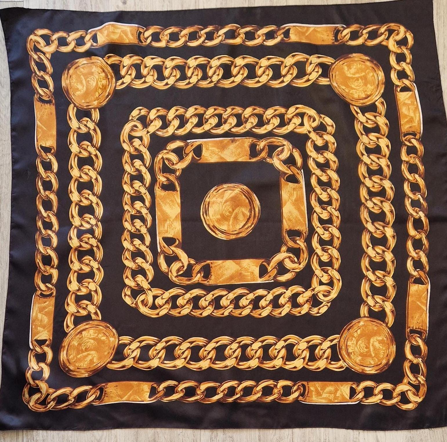 Vintage 80s Baroque Square Silky Scarf Gold Chain Rope