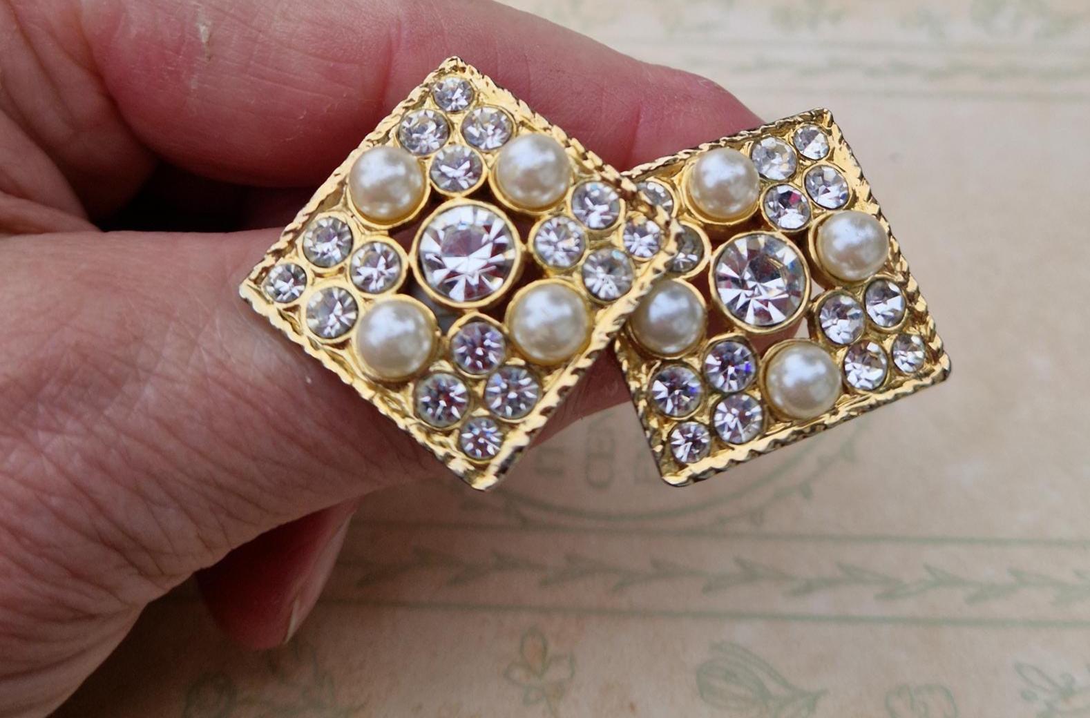 Boucles D'oreilles Clips Vintage Années 80 - Strass, Perles, Métal Doré, Occasion