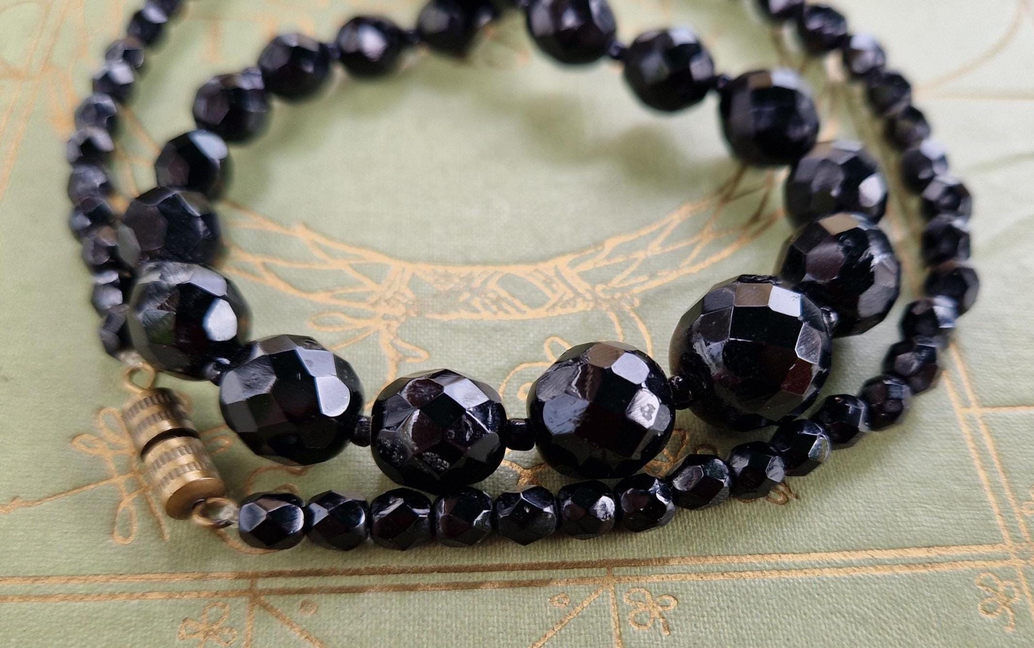 Collier Ancien Art Déco - Perles En Jais Et Murano - Laiton - Occasion En Très Bon état