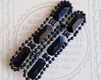 Victorian French Jet Mourning Brooch- Elegant Black Glass Double Row