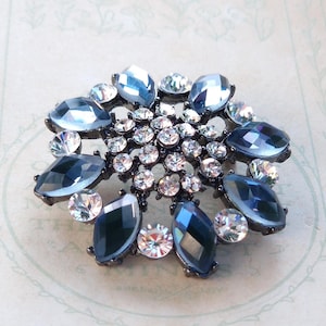 Sparkling Flower Brooch – Diamante & Silvery Grey Blue Petals