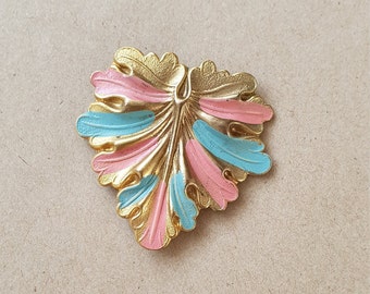 Repousse Fur Clip, Vintage Dress Clip, Leaf Fur Clip, 1940s Baroque Style Fur Clip, Gold Tone Dress Clip, Pink Dress Clip, Blue Dress Clip