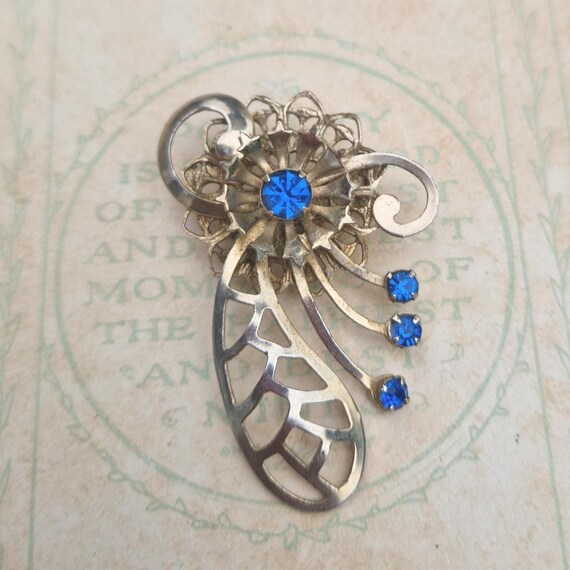 Broche Vintage Strass Bleus - Bijou Ancien Occasion - Bon état