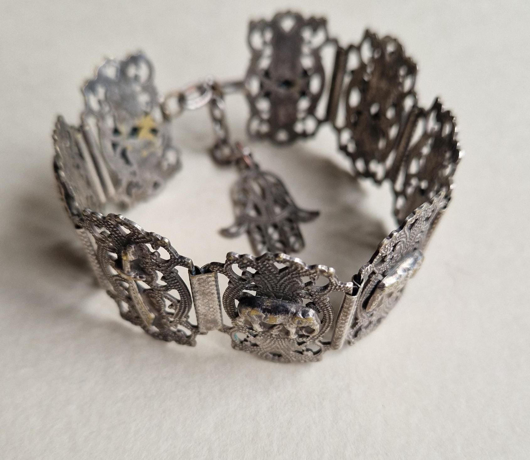 Vintage Panelled Bracelet - Silver Tone Filigree, Hamsa & Elephant
