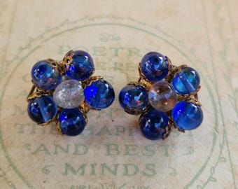 Vintage 1950s Italian Blue Glass Floral Clip On Earrings