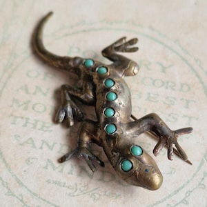 Vintage M. Teppich Israeli Modernist Lizard Brooch – 1960s Bronze & Turquoise Cabochon Animal Pin